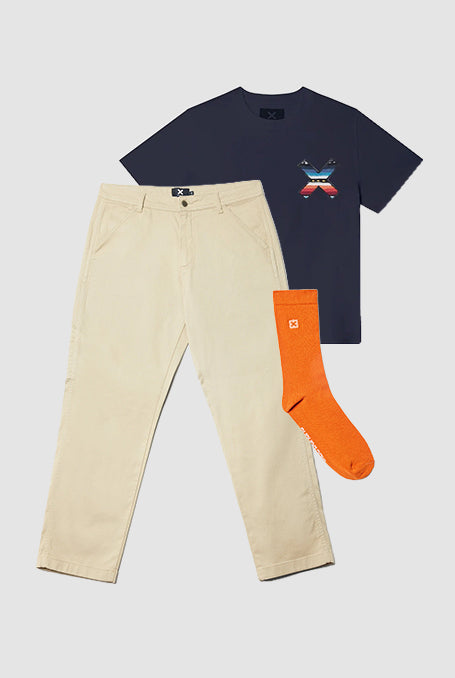 PACK CAMISETA CLASSIC AZUL MARINO + PANTALÓN STRAIGHT BARYS TOAST + CALCETINES NATURE NARANJA